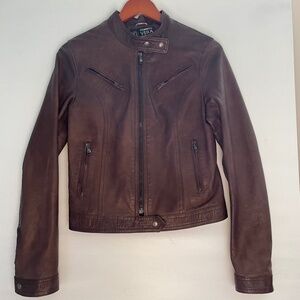 Vera Pelle Italian Leather  Moto Jacket Brown Soft Stand Collar size 42